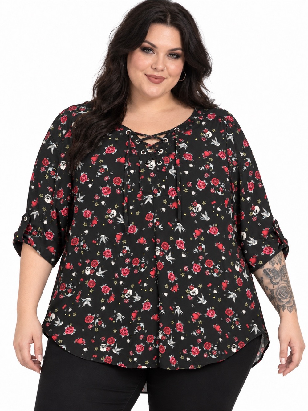Torrid Harper Blouse 3X NWT Skull Rose Lace-Up Whimsigoth Tattoo